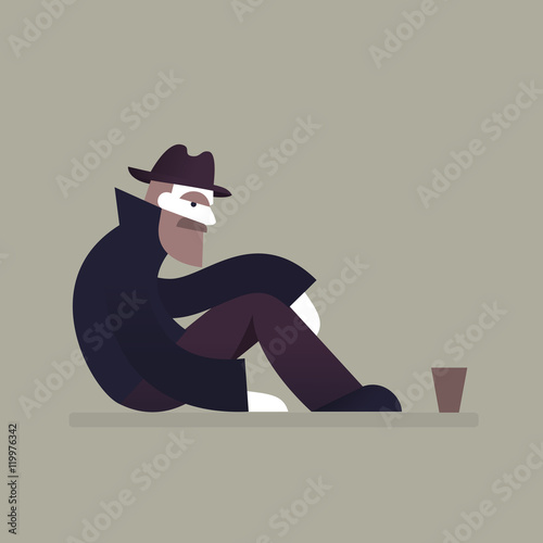 Homeless man  sitting on street. Homeless and unemployment concept. Vector. 