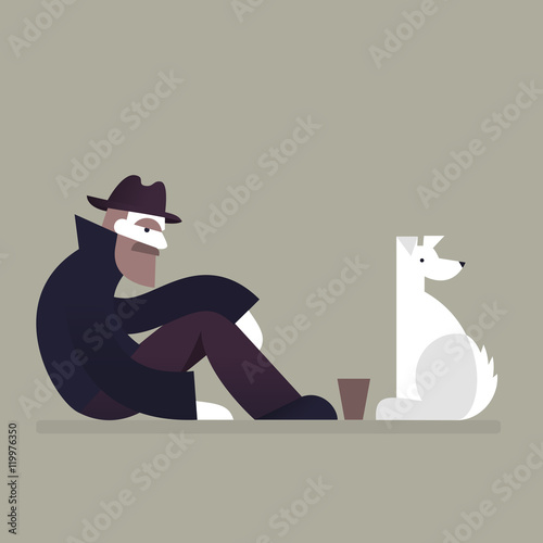 Homeless man with a dog sitting on street. Homeless and unemployment concept. Vector. 