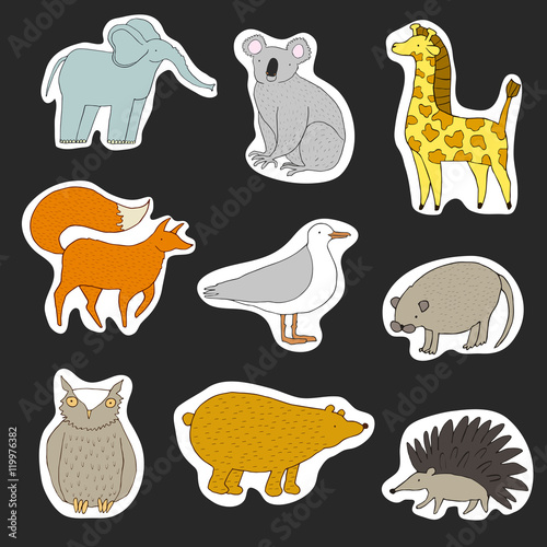 Fototapeta Naklejka Na Ścianę i Meble -  Cartoon animals sticker collection. Cute hand drawn illustration made in vector. Funny animals - fox, giraffe, owl, bear, hedhehog, seagull, elephant, koala, seagull.