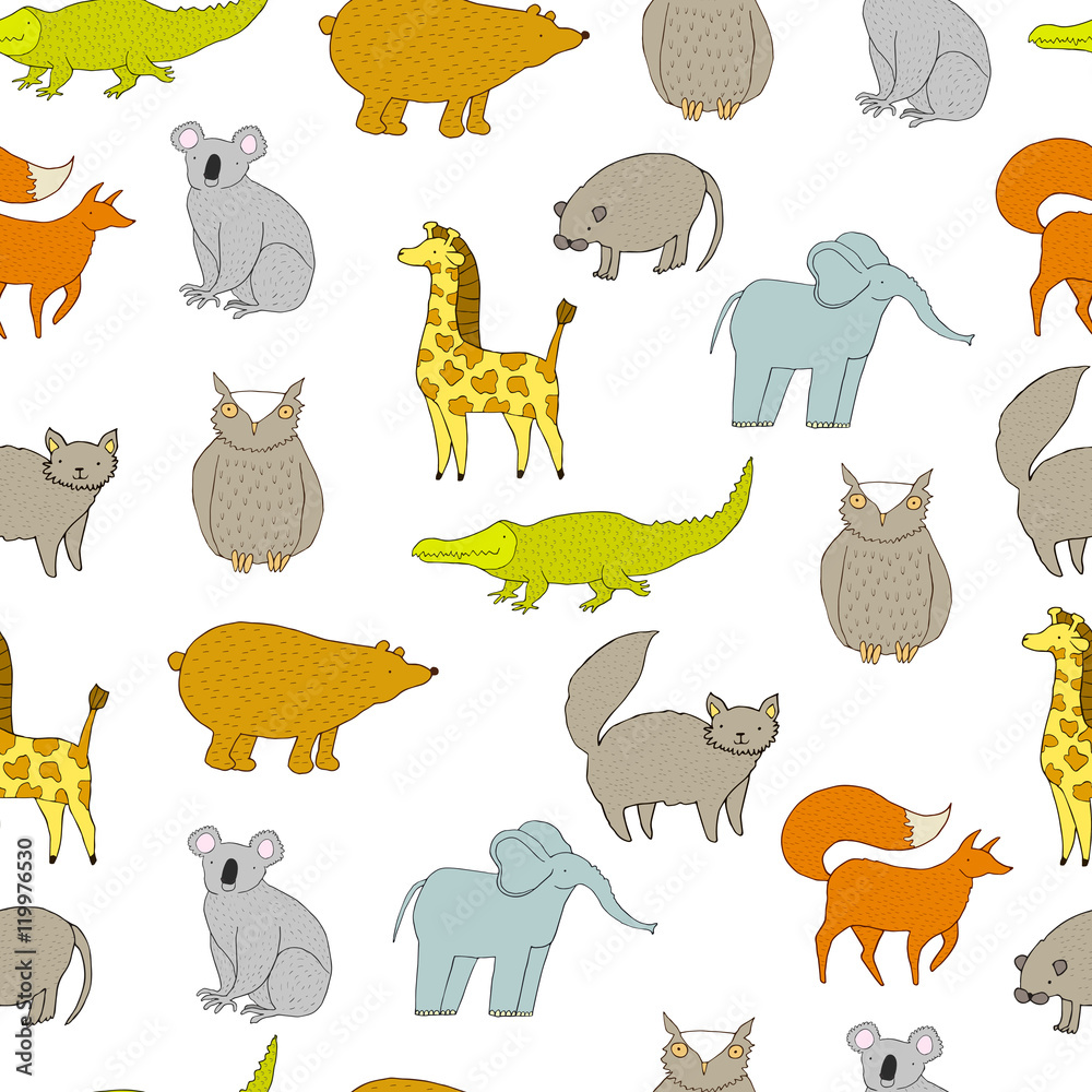 Obraz premium Cute baby pattern with cartoon animals. Vector seamless pattern. Handdrawn illustratration. Bear, crocodile, fox, giraffe, owl, elephant, cat, koala.