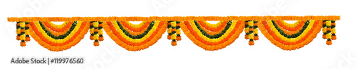 Indian festive decoration - photograph of garland of orange and yellow Marigold (Tagetes) flowers and green leaf arranged in alternate order, isolated over white background photo