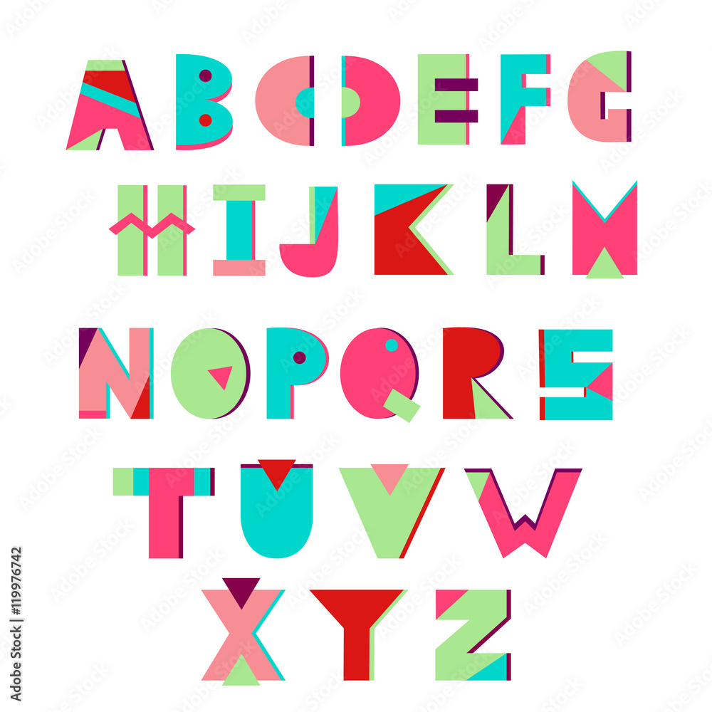 Colorful creative alphabet.  Geometric style. Vector. Memphis style. 80s - 90s style.