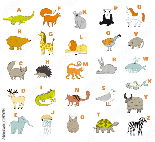 Cute zoo alphabet with cartoon animals. Vector. Childish alphabet. Handdrawn illustration. Isolated on white background. Whale, lion, fox, zebra, elephant, iguana, quail, turtle, yak, rat.