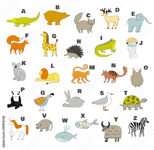 Cute vector zoo alphabet with cartoon animals. Isolated on white background. Zebra, whale, lion, fox, elephant, iguana, quail, turtle, yak, rat, unicorn, koala, bear, x-ray fish.
