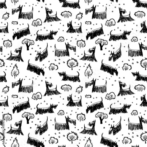 Cute doodle seamless pattern with Scotch Terrier dog breed.