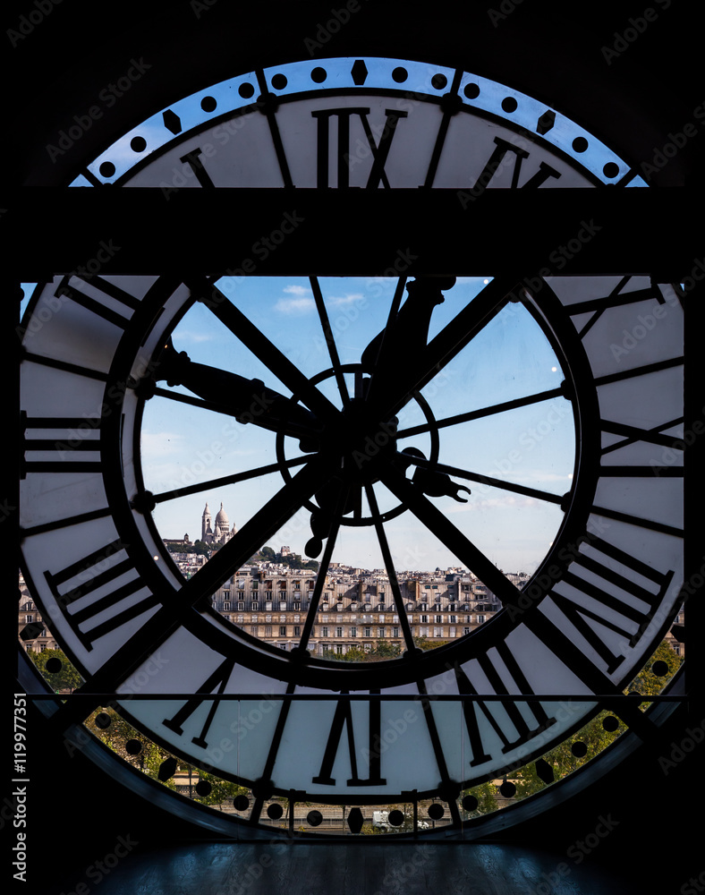 Fototapeta View through d'orsay museum clock tower of Sacre-Coeur Basilica.