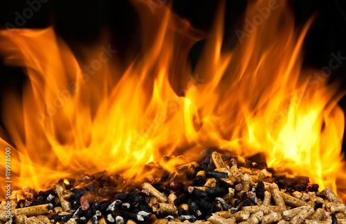 wood pellet flames fire. environmentally friendly alternative fuel