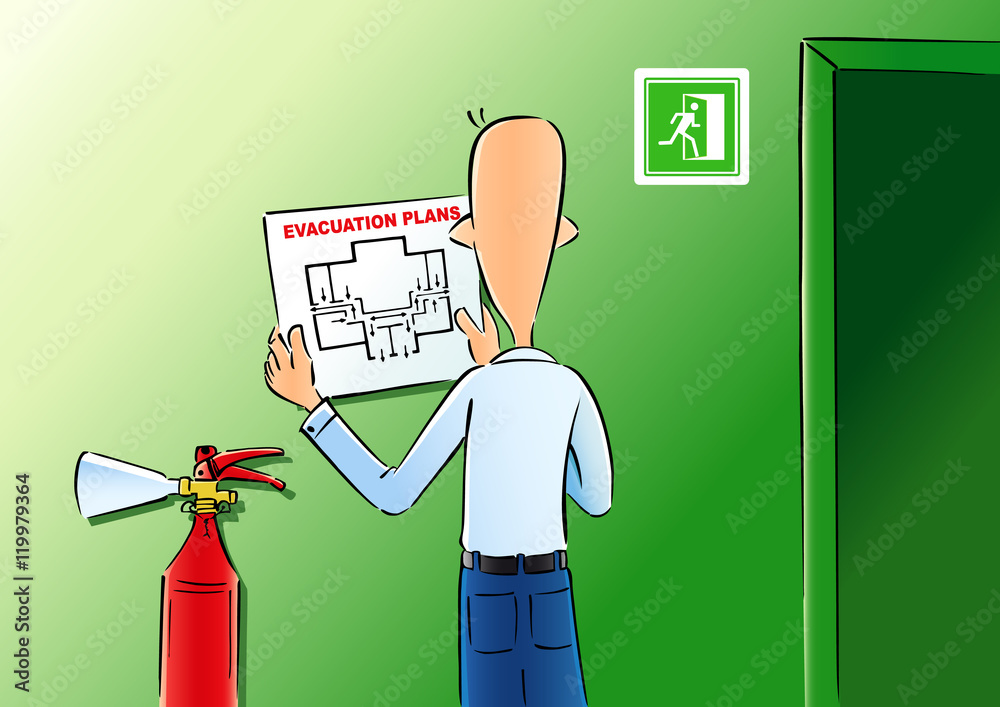 Fototapeta premium Evacuation plans & fire extinguishe. Vector illustration of a man hangs up the evacuation plan for the office wall