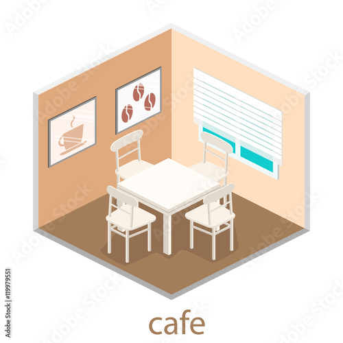 Isometric interior of coffee shop. flat 3D isometric design interior cafe or restaurant.