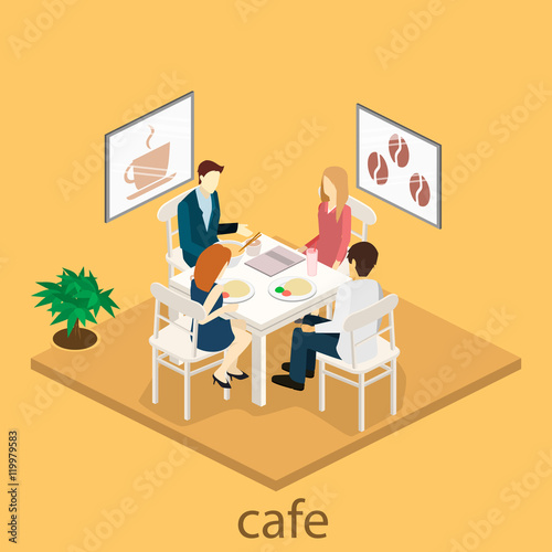 Isometric interior of coffee shop. flat 3D isometric design interior cafe or restaurant. People sit at tables and eat.