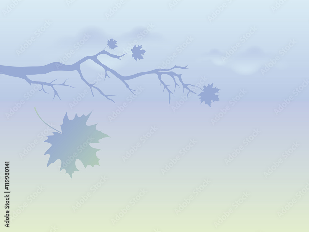 Autumn landscape vector. Branch with falling leaves. Dreamy landscape