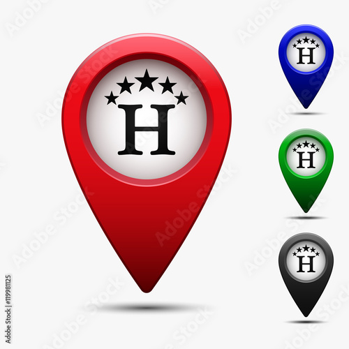Colored map pointer with symbol hotel or rest room with stars . For location maps. Mark icon. Travel H sign for navigation. Index location on map. Pointer location. Vector isolated illustration.