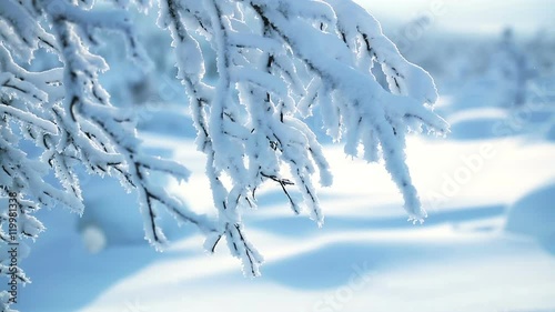 Winter. A Sunny day in the forest. Tree branch covered with snow. Close-up