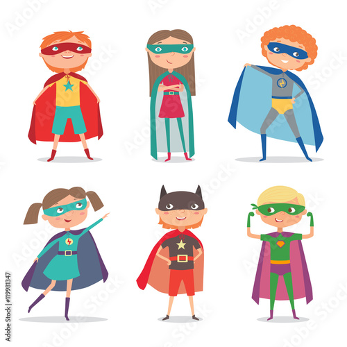 Superhero kids boys and girls. Cartoon vector illustration