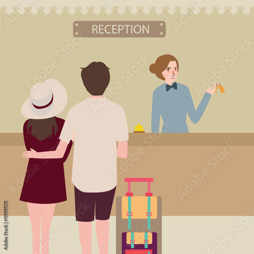 hotel reception girl couple travel check-in front desk
