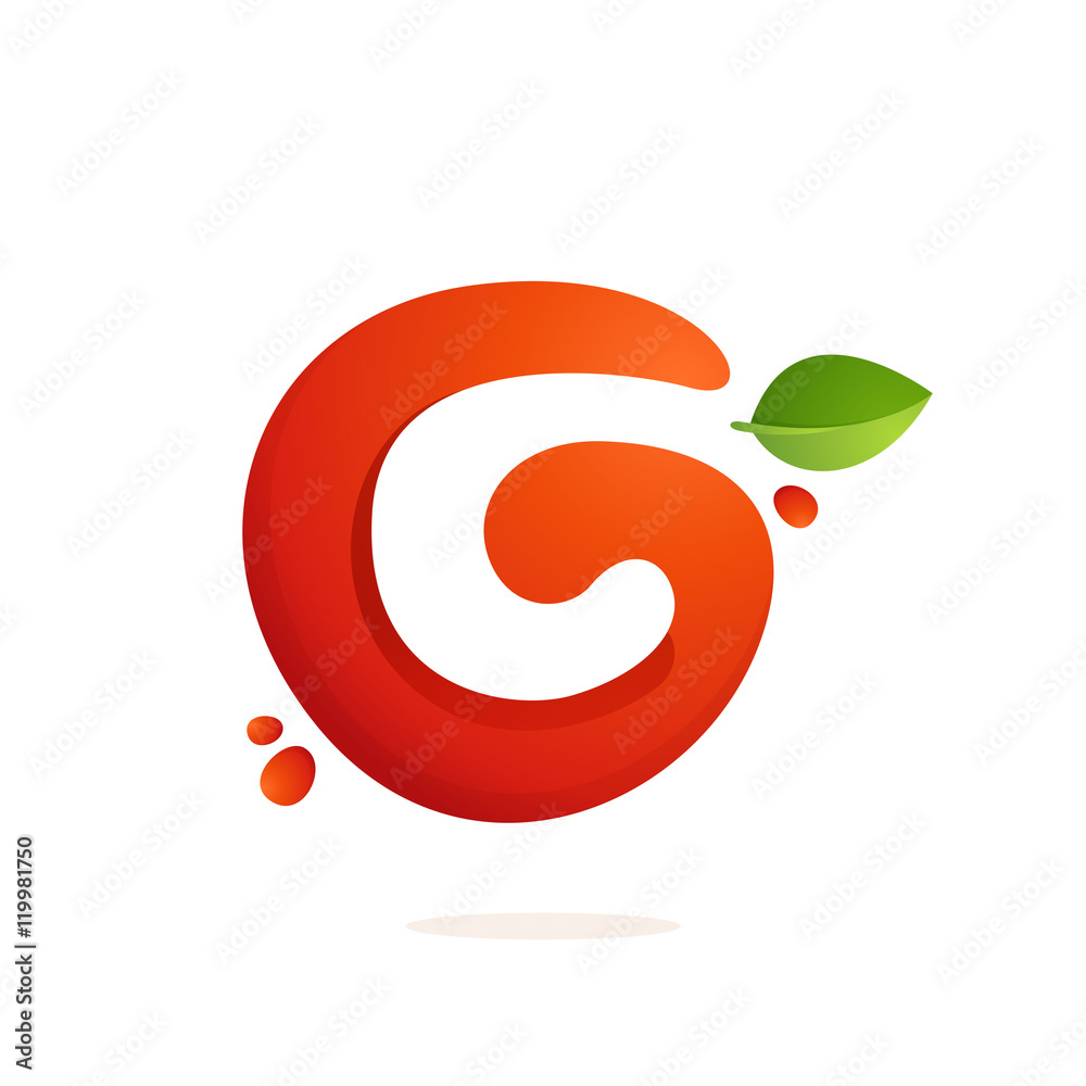 Letter C logo in fresh juice splash with green leaves.
