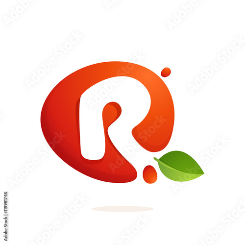 Letter R logo in fresh juice splash with green leaves.