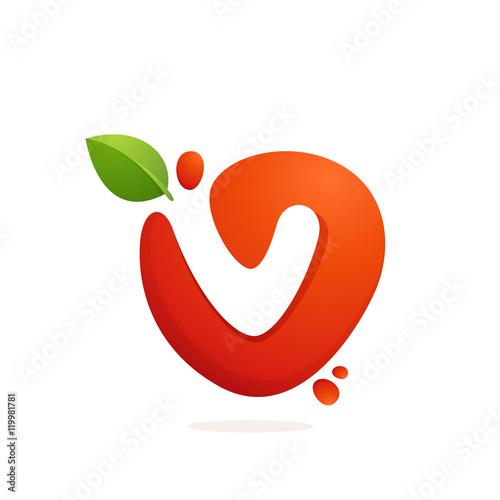 Letter V logo in fresh juice splash with green leaves.