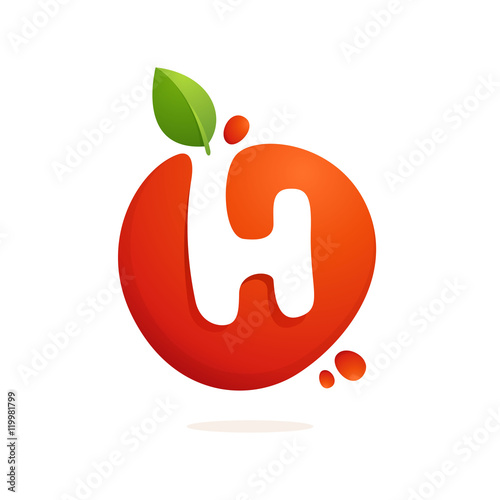 Letter H logo in fresh juice splash with green leaves.