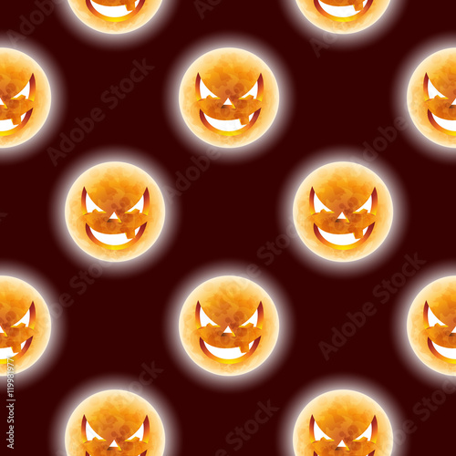 Halloween seamless pattern illustration with moon scary faces on dark background.