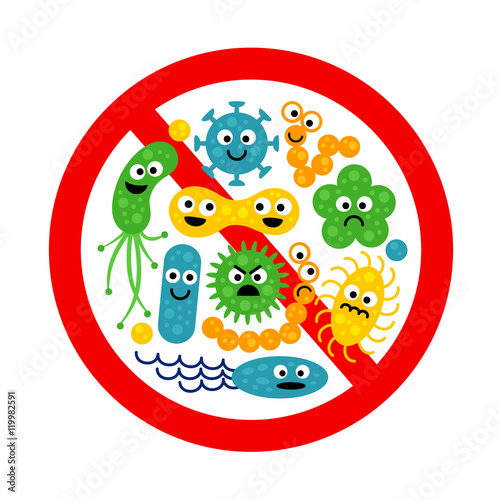 Stop bacterium sign with many cute cartoon gems