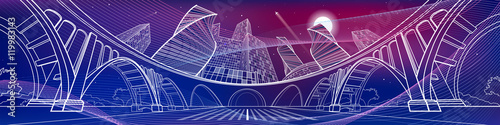 Big bridge, amazing panoramic night city, neon town. Industrial, architecture and infrastructure illustration. Purple and magenta image. energy waves. White lines landscape, vector design art