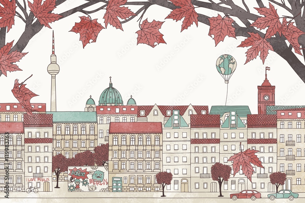 Naklejka premium Berlin in autumn - hand drawn colorful illustration of the city with red maple branches