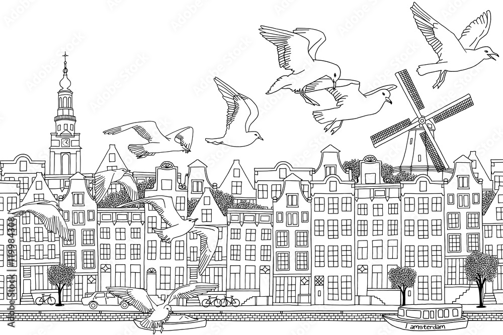 Fototapeta premium Amsterdam, Netherlands - hand drawn black and white cityscape with birds