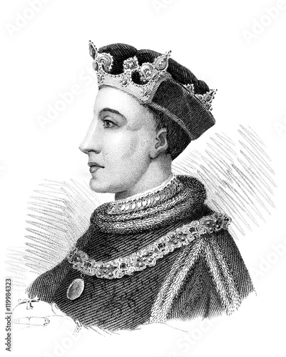 An engraved vintage illustration portrait image of Henry V king of England, UK, from a Victorian book dated 1847 that is no longer in copyright
