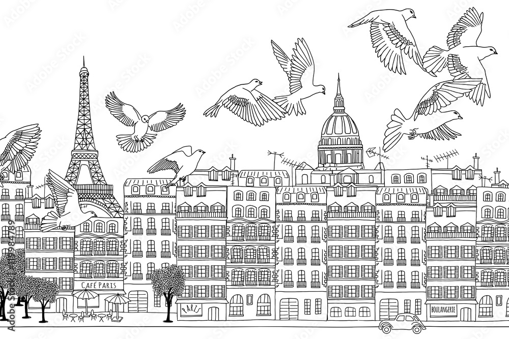Paris, France - hand drawn black and white cityscape with birds