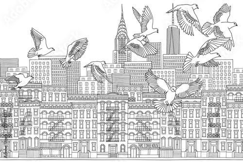 New York City - hand drawn black and white cityscape with birds
