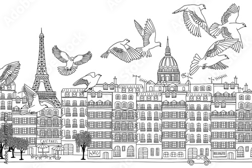 Paris, France - hand drawn black and white cityscape with birds