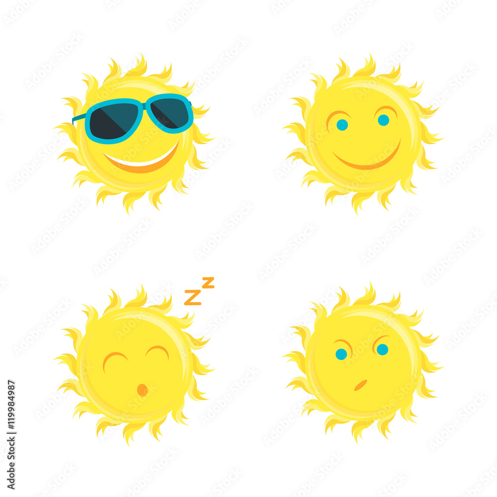 Sun Faces Set Different Emotions. Vector