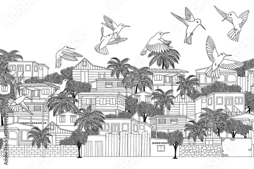 Trinidad & Tobago - hand drawn illustration of a Caribbean village with hummingbirds
