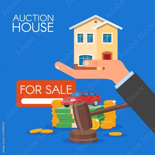 Auction and bidding concept vector illustration in flat style design. Selling house