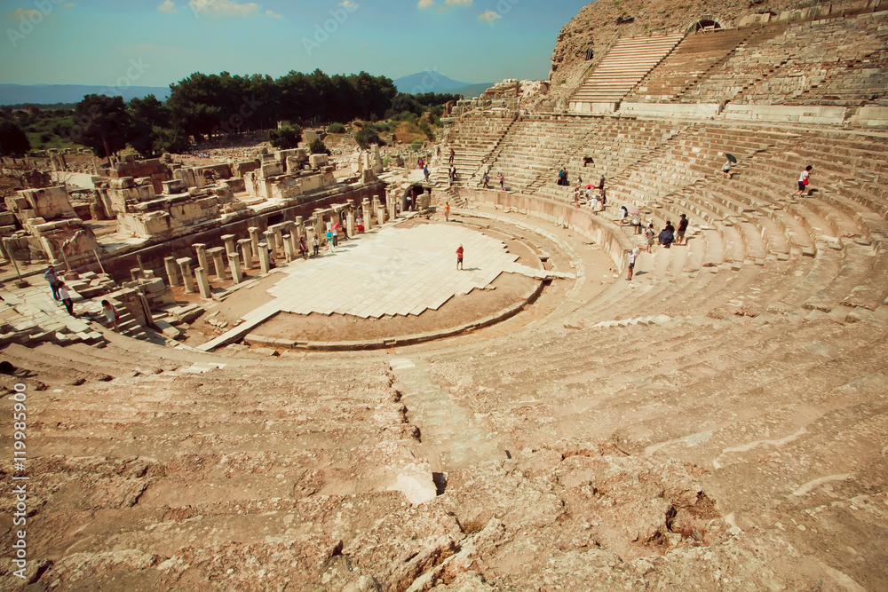 Theater and natural landscape of Ephesus city, Turkey now