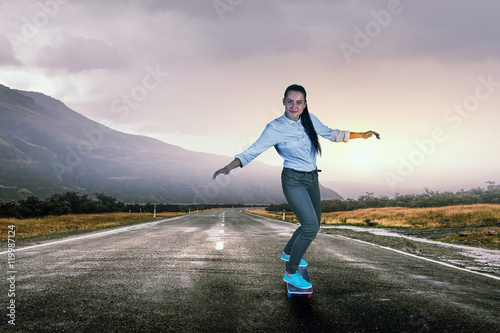 Girl ride skateboard . Mixed media