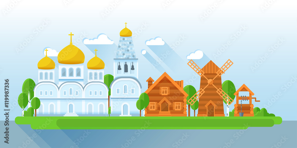 Church, bell tower, wood cottage, mill, water well. Russian style flat village landscape.