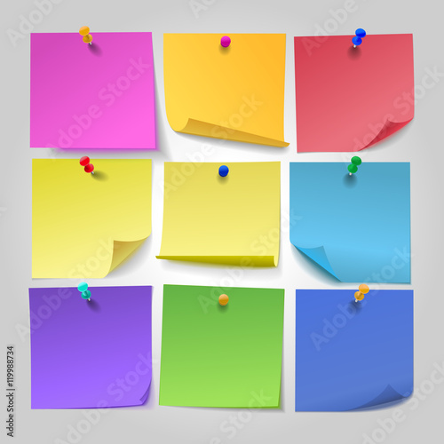 Collection of colored paper sheets for notes with curl and shadow and transparent thumbtacks, buttons, lists, and background are on separate layers and grouped logically.
