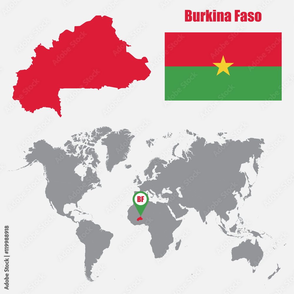 Fototapeta premium Burkina Faso map on a world map with flag and map pointer. Vector illustration