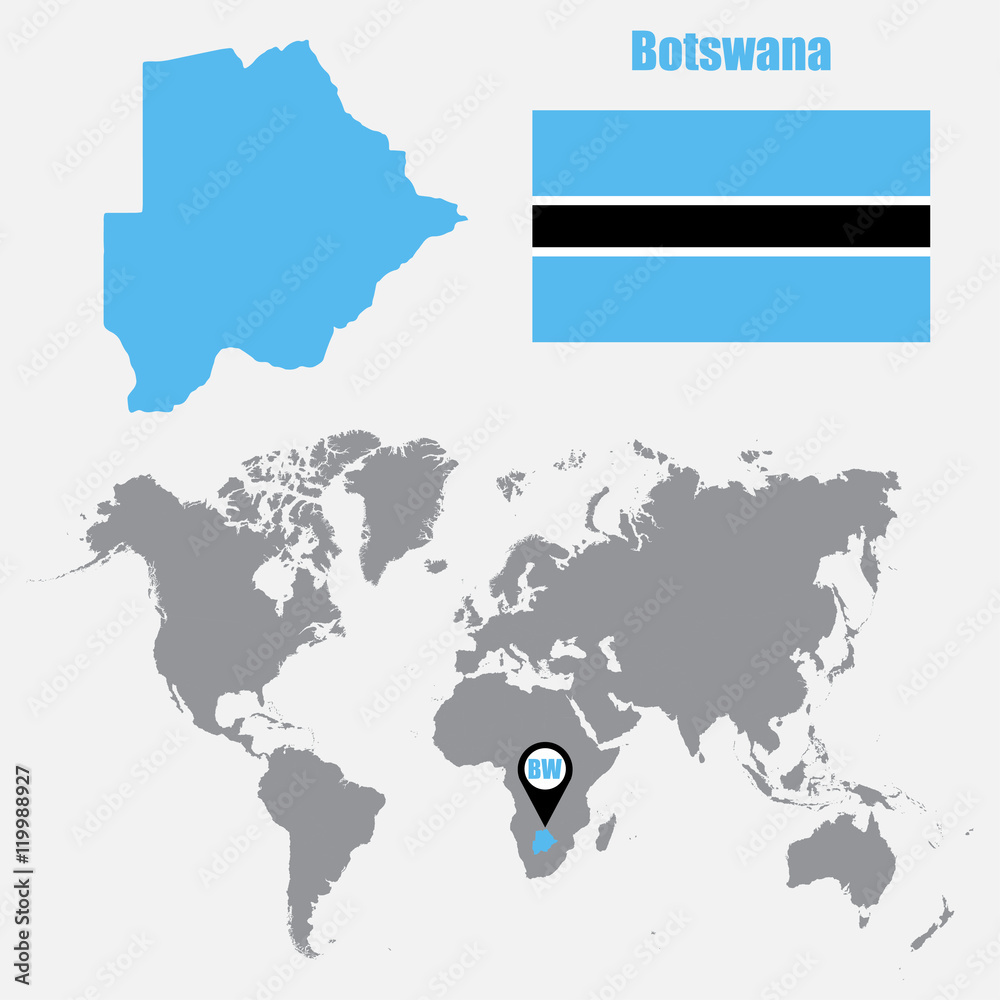 Fototapeta premium Botswana map on a world map with flag and map pointer. Vector illustration