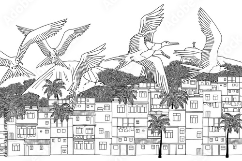 Rio de Janeiro, Brazil - hand drawn black and white cityscape with frigate birds