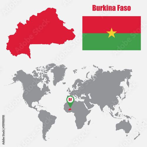 Burkina Faso map on a world map with flag and map pointer. Vector illustration