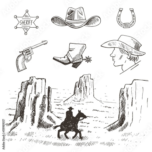 Western hand draw sketch vector set. 