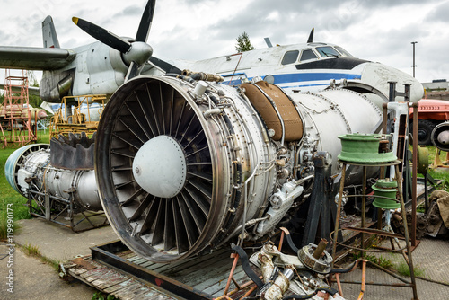 Disassembled broken aircraft engine