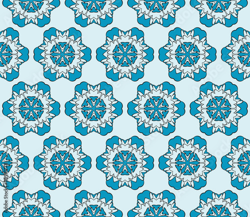 Abstract illustration of a seamless pattern of floral ornament. Vector. Blue.