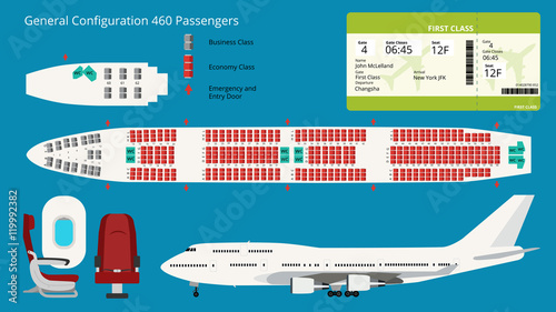 Aircraft seat map scheme, seats and tickets flat design vector