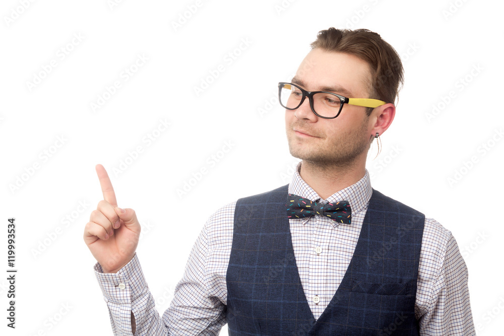 Happy young businessman holding forefinger up isolated on white Happy young businessman holding forefinger up isolated on white