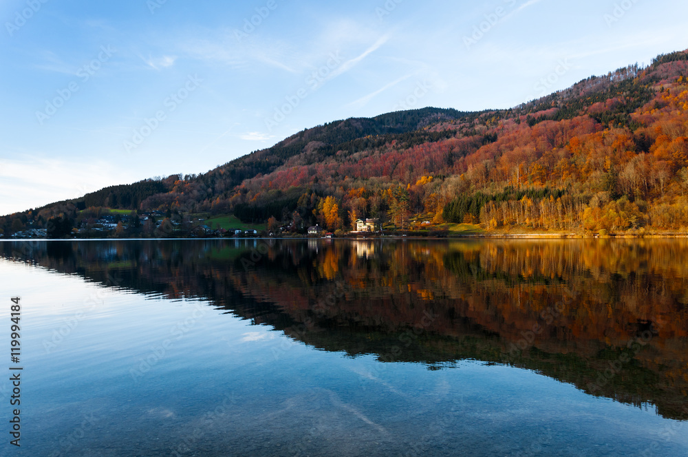 Beautiful view on the mountain lake in Mondsee, Austria. Autumn landscape.