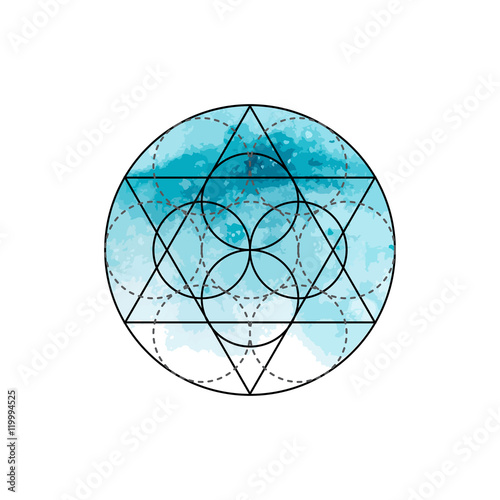 Symbol of alchemy and sacred geometry on the blue watercolor background. Linear character illustration for lines tattoo on the white isolated background.